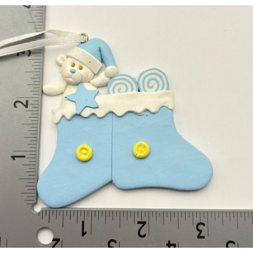 Christmas Stocking Tree Ornament with Teddy Bear and Lollipops Blue White - Picture 2 of 6